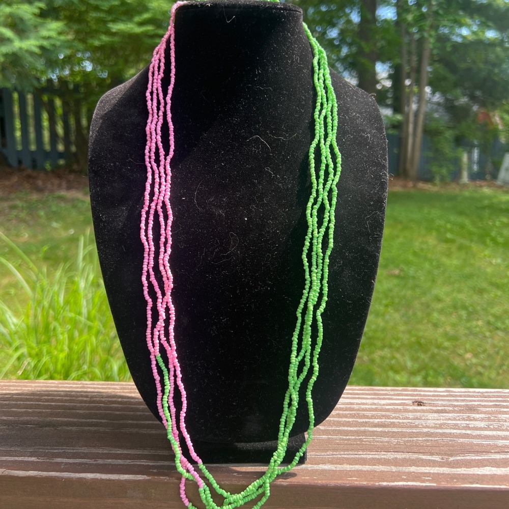 Vtg My Choice Pink Green Seed Bead Multi‎ Strand Necklace Earrings Jewelry Set